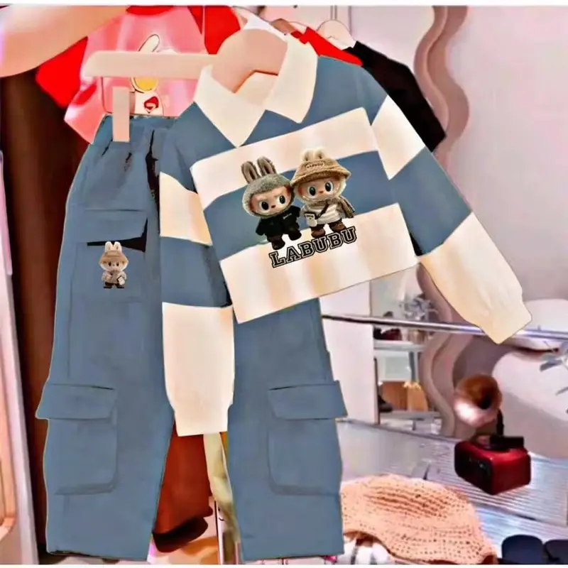 Set Labubu Kerah Anak Perempuan setelan Sweater CropTop Strip Kargo Fashion Baju Dan Celana Panjang 2