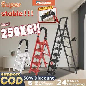 [COD] MUSIKO Tangga Lipat Anti Slip 3-8 Step | Beban 250KG! Baja Karbon Super Tebal | Tukang Bangunan & Rumah Tangga |  Kaki Karet+Rak alat