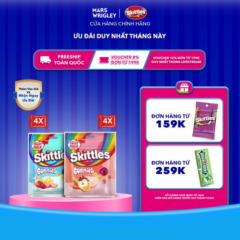 Combo 8 Gói kẹo dẻo Skittles Gummies mix vị - 4 gói vị trái cây và 4 gói vị sữa chua trái cây