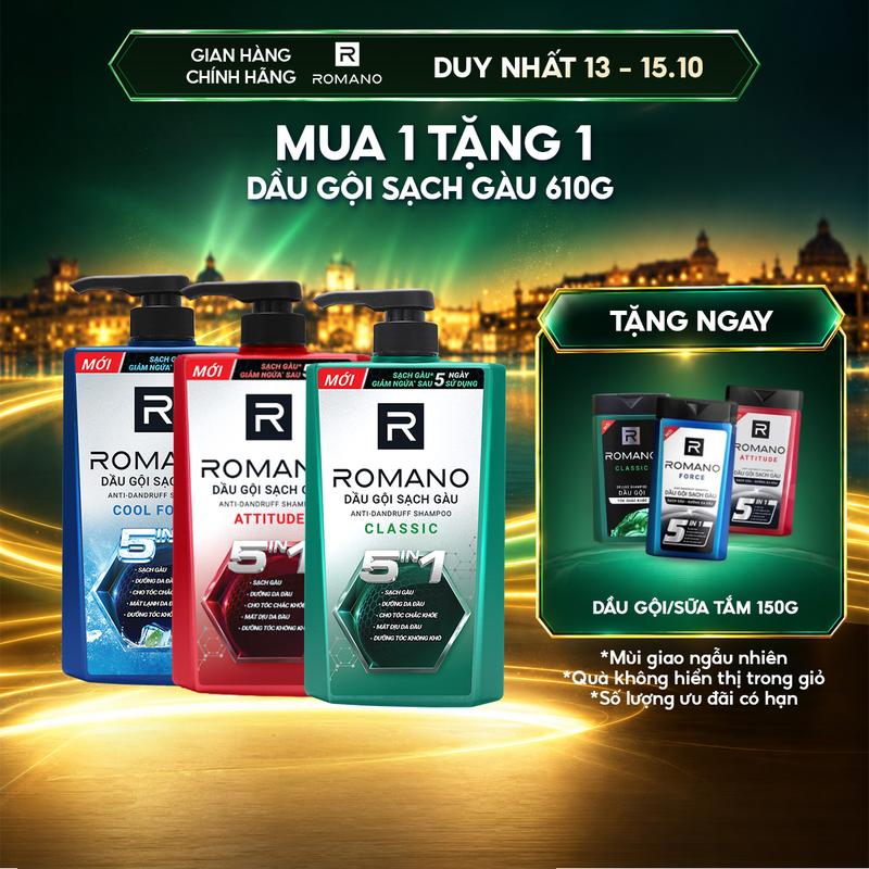 [3] [Mua 1 TẶNG 1] Dầu gội sạch gàu Romano Classic/Force/Attitude 610G/650G TẶNG 1 dầu gội/sữa tắm 150g (Qùa không hiện giỏ hàng)