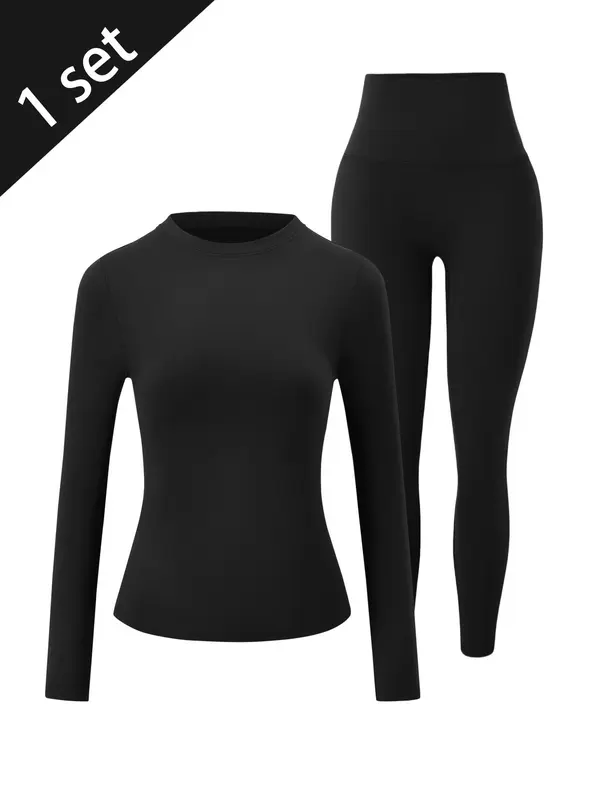 Women's Solid Long Sleeve Tee & Leggings Tracksuit Set, Sporty Breathable Comfy Set for Yoga Gym Workout Running, Ladies Sportswear for All Seasons 2