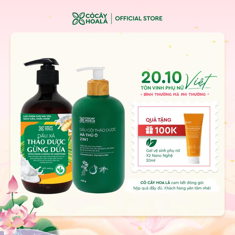 [COMBO TÓC CHUYÊN SÂU 2IN1] Dầu Gội Thảo Dược Hà Thủ Ô 2IN1 420g Và Dàu Xả Thảo Dược Gừng Dừa 440g Hỗ Trợ Giảm Gãy Rụng và Dưỡng Tóc Bóng Mượt