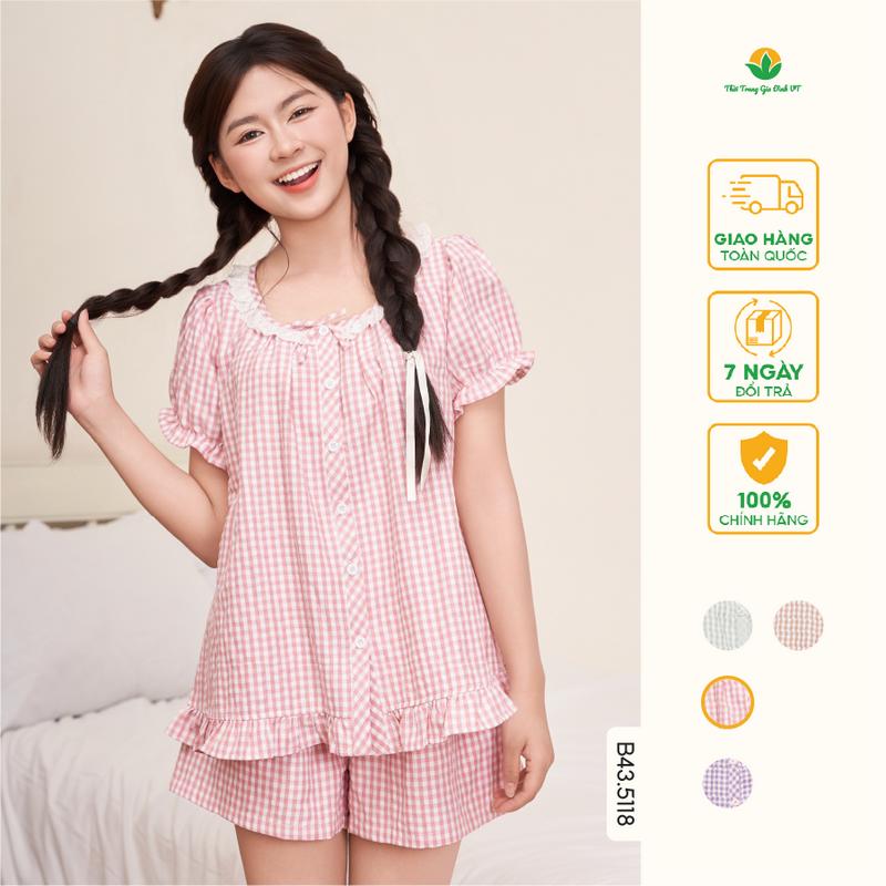 Bộ đồ Kẻ Kate nữ quần đùi áo cộc tay cổ vuông tròn kẹp ren - B43.5118