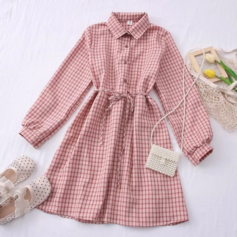 Korea Women Fashion slim waist long sleeve ladies lapel collar plaid shirt dress