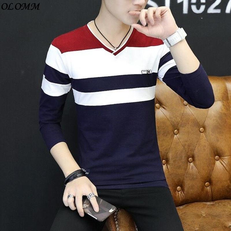 áo Thun Nam, Hàng Mới Về Mùa Thu, Chất Liệu Cotton, Dài Tay, Sọc, Cổ Chữ V, Phong Cách Hàn Quốc, Áo Nam Lớn 0