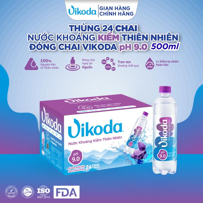  Nước Khoáng Kiềm Thiên Nhiên Đóng Chai Vikoda pH 9.0 - Thùng 24 Chai 500ml - Trung Hòa Axit Dư Thừa & Bổ Sung Khoáng Chất Tự Nhiên 