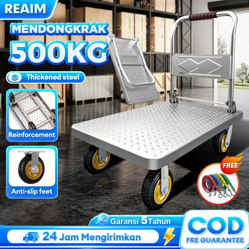 【Diskon Super 50%】REAIM Troli Baja Kuat Tebal Tali Besi  Lemari bengke Ringan Lipat Troli Kecil Portable Hand Truck Troli lipat portable Troli Kapasitas maksimal 500KG Praktis disimpan GRATIS Bungee