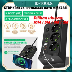 2500W Stop Kontak Flame Retardant 3 Lubang USB Type-C Plug Steker Saklar Terminal Sambungan Saklar On Off 2/3/5 Meter Tembaga Wireless Charging Anti Panas Flame Retardant Kabel Aman Untuk Rumah Kantor Kos Mobil