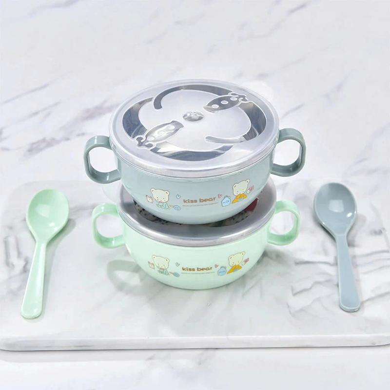  Chén Ăn Dặm Cho Bé - Bát Ăn Inox Cách Nhiệt Có Tay Cầm Kèm Muỗng Và Nắp Đậy Tiện Dụng - Lulu Shop 