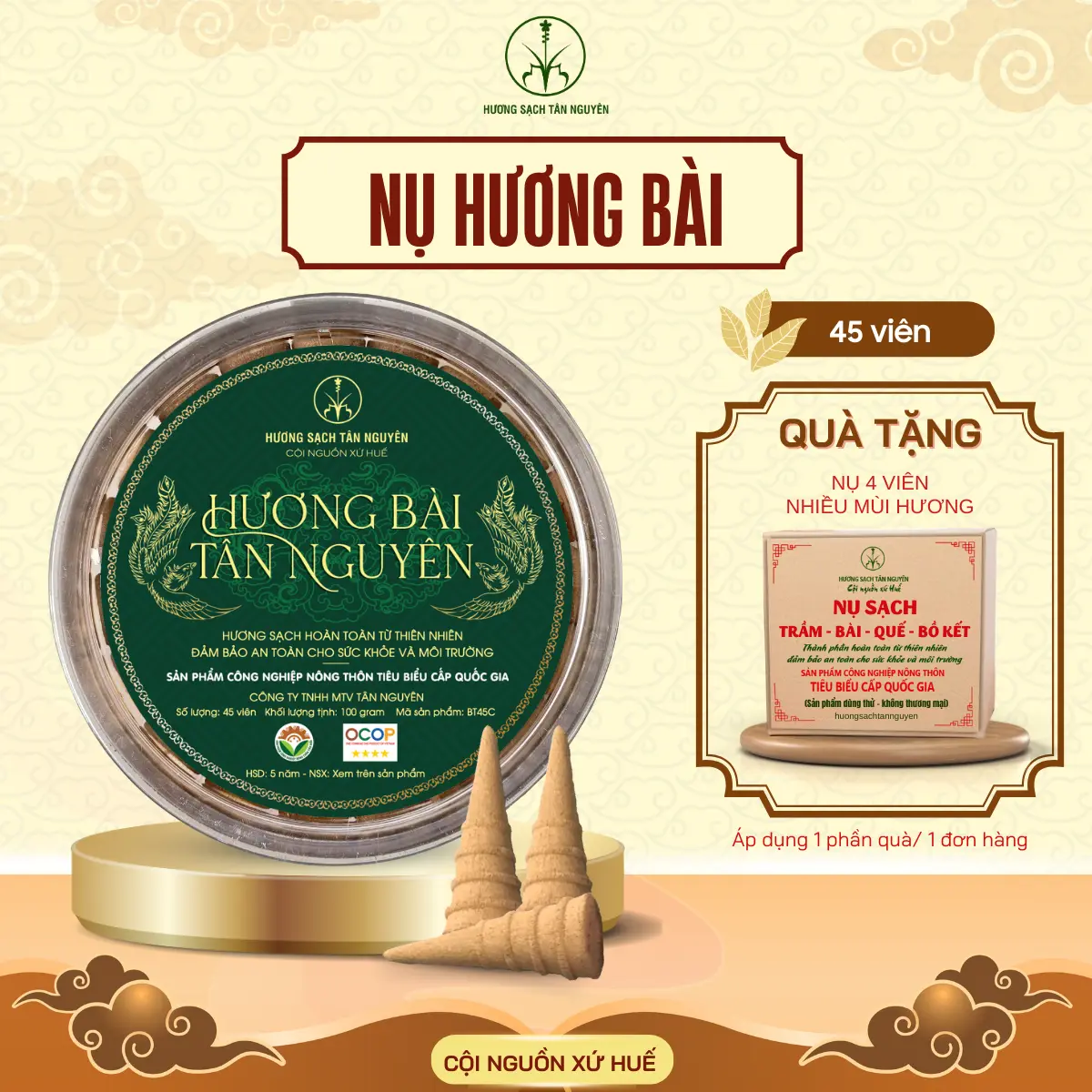 Nụ hương bài Tân Nguyên, nụ hương bài hộp 45 viên, hương thơm Tết xưa