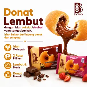BYWAY Donat Isi 2 Rasa (Cokelat & Stroberi) 10 Pcs – Isian Lumer & Melimpah | Roti Lembut untuk Sarapan & Cemilan | Halal