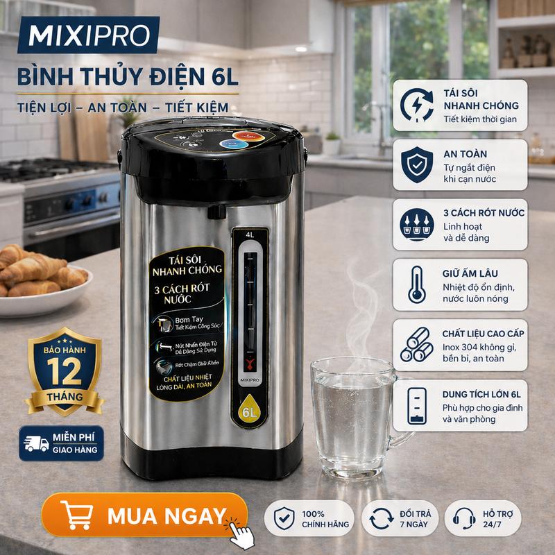 Bình Thủy Điện Giữ Nhiệt 6L, Chất Liệu Thép Không Rỉ, Công Nghệ Siêu Tốc 1000W, Đun Nước Nhanh