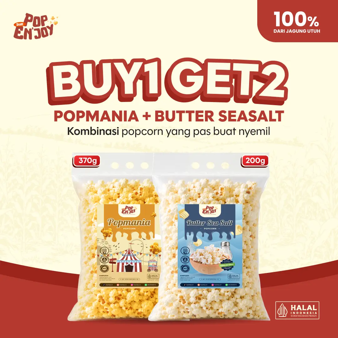 PopENjoy - [BUY 1 GET 2] POPCORN POPMANIA + BUTTER SEA SALT | 2 Rasa Popcorn Crispy Popkorn Jagung Sehat Premium