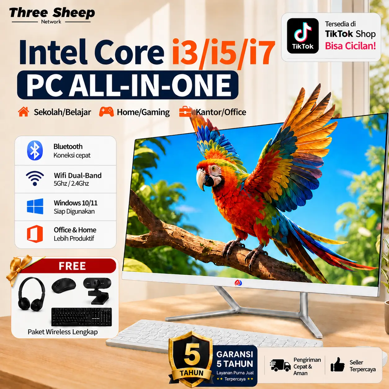 Three Sheep Network Komputer PC All-in-One Baru 2025Terbaru Intel Core i3/i5/i7, RAM 8G/16G+SSD 256/512GB/1TB - CPU Komputer Monitor PC 19/22/24/27 Inch Untuk Rumah Gaming, Belajar, Kantor, dan Hiburan Gratis Keyboard dan Mouse! Rak Kayu Inklusif.