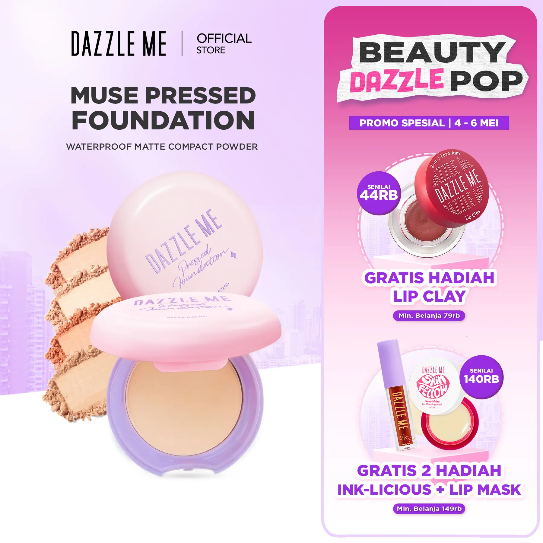 DAZZLE ME Muse Pressed Foundation Long Lasting Filter Like Blurring Matte Compact Powder Oil-control blurring effect Bedak Padat Menyamarkan Bekas Jerawat dan Menyamarkan Pori