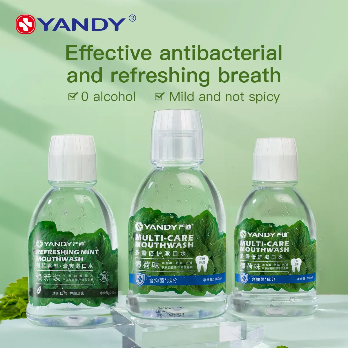 【FDA Approved】YANDY Fluoride Mouthwash for Disinfection, Antibacterial and Caring Prevention, Portable, Alcohol Free, Odor Eliminating, Fresh Breath 260ml