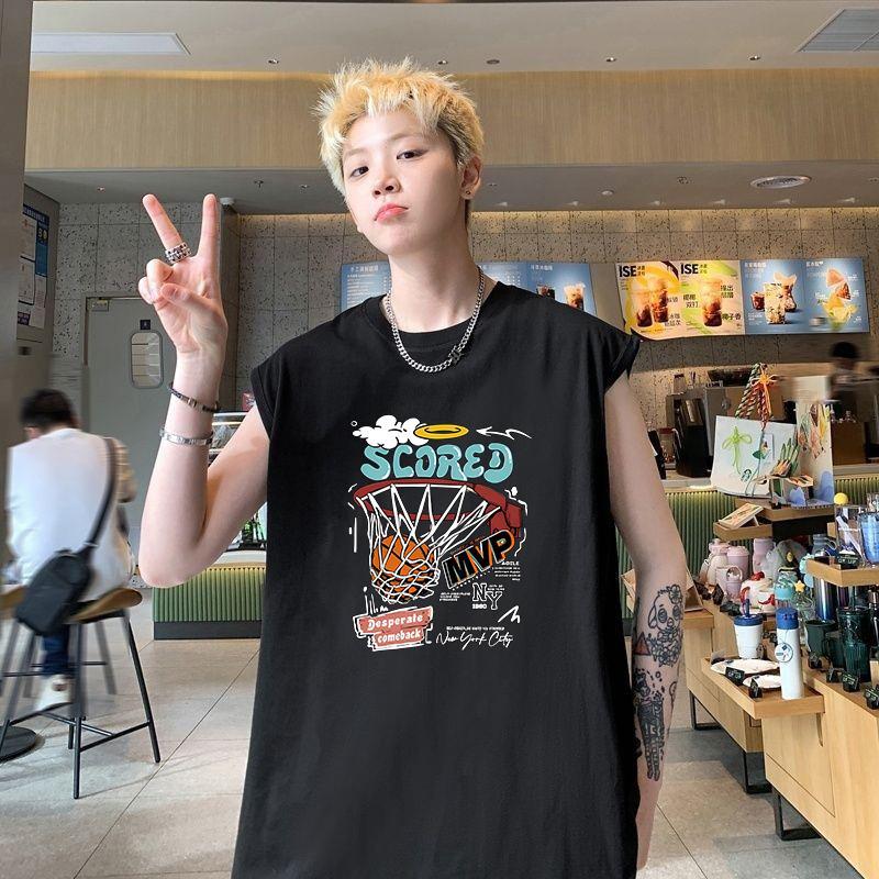 Rompi longgar tanpa lengan bergaya Amerika warna hitam putih untuk latihan kebugaran pria, atasan pria kasual dan serbaguna untuk sehari-hari, kaos pria.