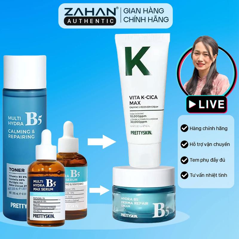 [Phân loại] Combo cấp ẩm phục hồi gồm Tinh chất Hydra B5 Max Serum, Kem dưỡng Hydra B5 ( Kem Vita K), Toner Multi Hydra B5 Calming & Repairing toner PRETTYSKIN (3 sản phẩm)