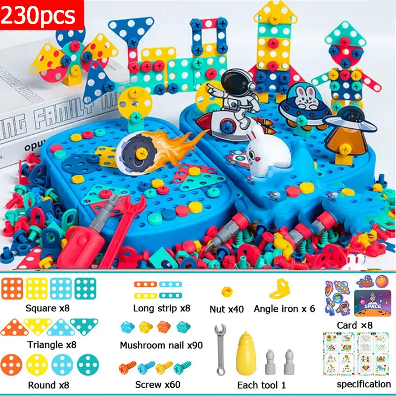 Mainan Bor Obeng Set Mainan Edukasi Anak Mainan Set Sekrup Tool Set 230pcs DIY Drill Screw Mainan Anak Kreatif 3D DIY Puzzle Block Plastik Toys, no drill Kotak