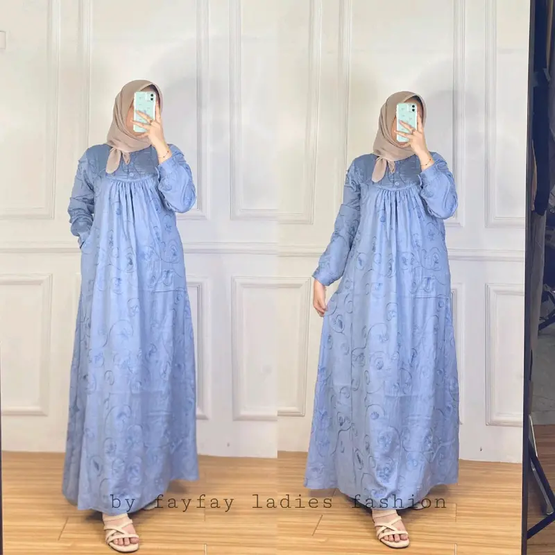 Fay Fay Amanda Baju Gamis Kain Polo Linen Full Bordir Size M LD 94cm Free Hijab Muslim Dress Dewasa lebaran 3