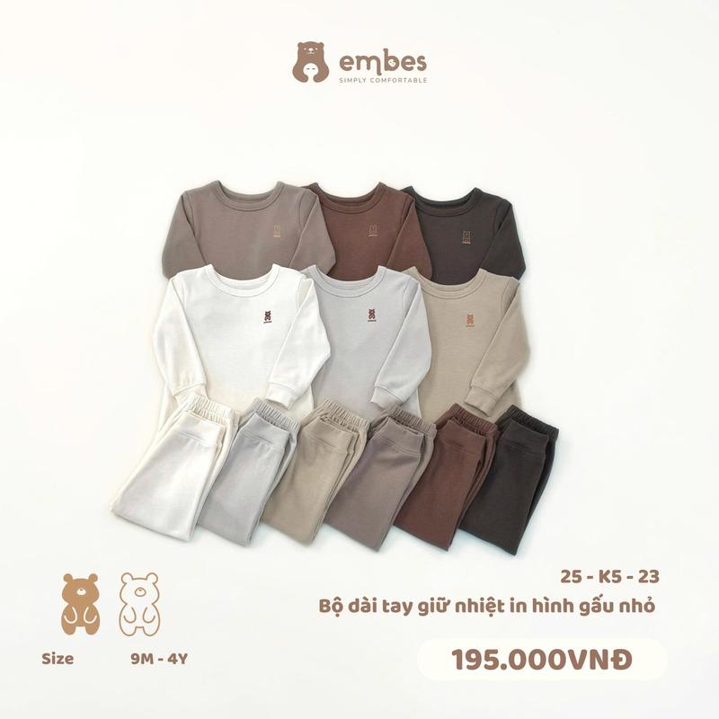 Bộ quần áo dài tay giữ nhiệt in hình gấu nhỏ cho bé Embes Việt Nam từ 9 tháng - 4 tuổi - 25-K5-23