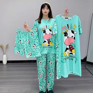4 piezas - Conjunto Completo de Pijama de Vaca Estilo Kawaii | Vestido, Short y Pantalón | Tela Súper Suave y Fresca | Estampado Divertido de Vaca con Diseño de Leche | Ideal para Dormir, Relajarte en Casa o un Look Casual de Día | Talla Única Ajustable y Cómoda​