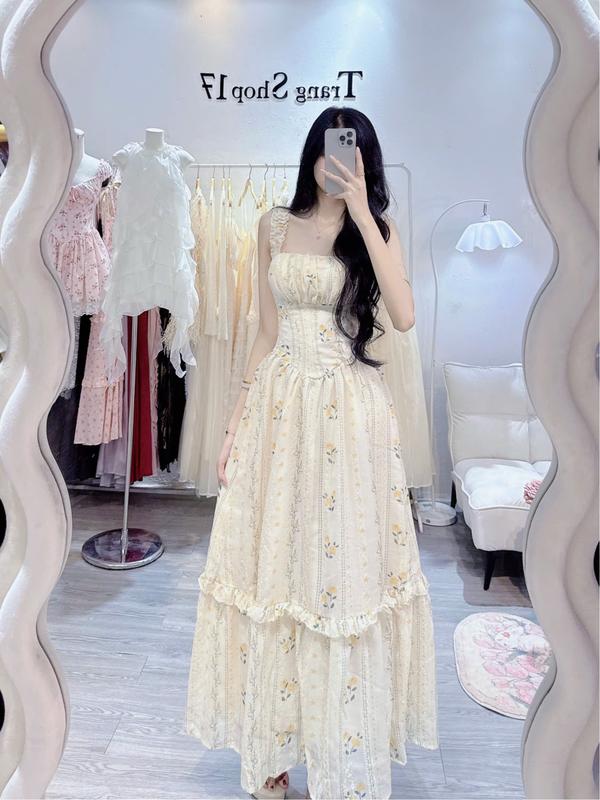 ( SẴN - HÀNG LOẠI 1)ĐẦM 2 DÂY HOA NHÍ DÁNG DÀI LƯNG CHUN