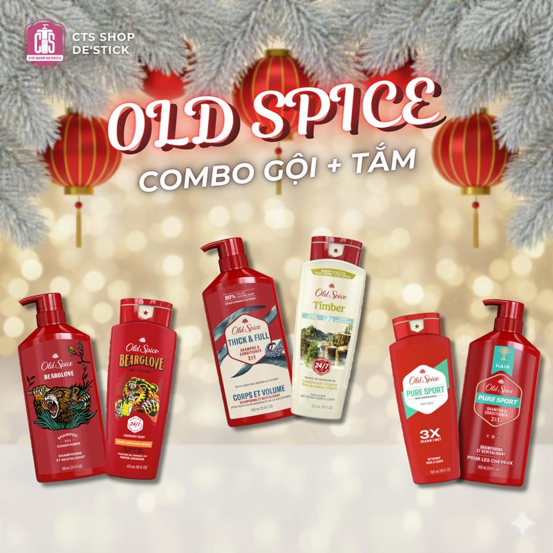 Old Spice Combo Dầu Gội & Gel Tắm 2in1 650ml + 473ml Hương Thick&Full Bearglove Pure Sport Dưỡng Body Da Body