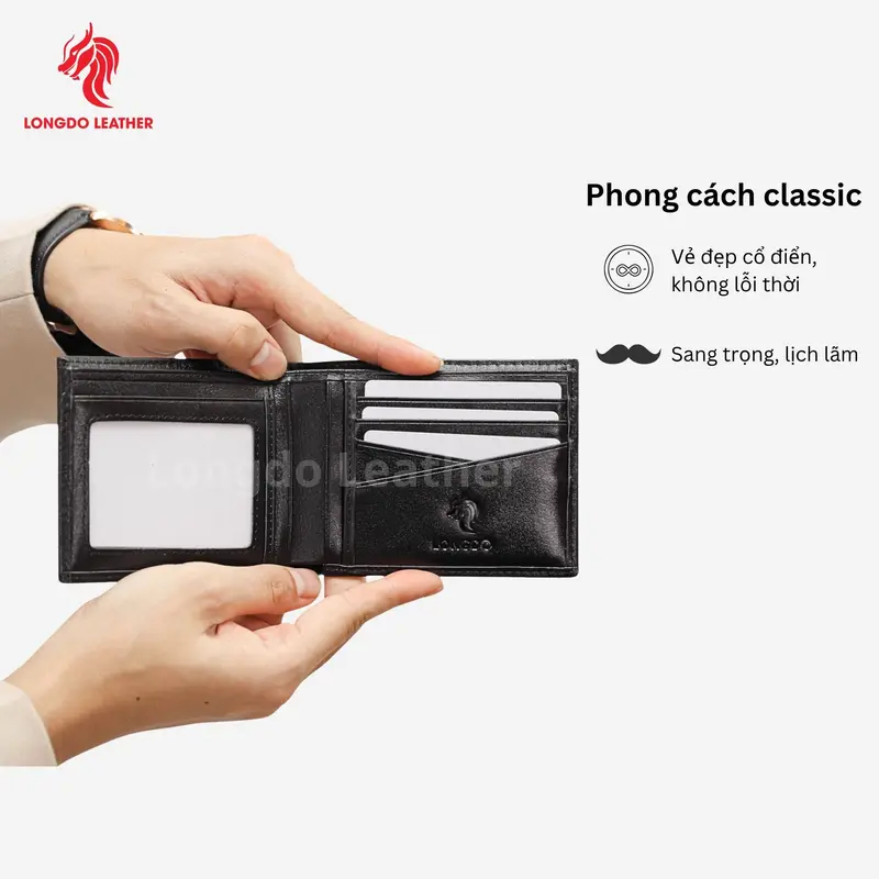 B11 - Bóp da nam da bò thật màu xanh lá, ví ngang gập đôi thương hiệu Longdo Leather - Bảo hành 5 năm 2