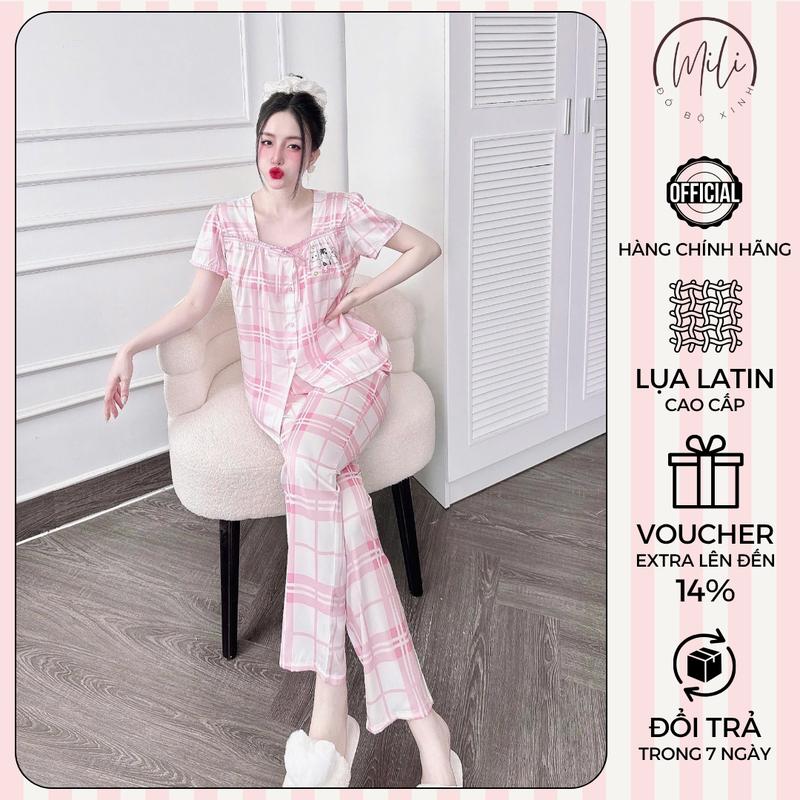 Đồ Bộ Pijama Nữ MiLi – Áo Tay Ngắn Cổ Vuông Phối Nơ Viền Bèo, Quần Dài Có Túi, Vải Lụa Latin Cao Cấp, Đồ Ngủ Xinh