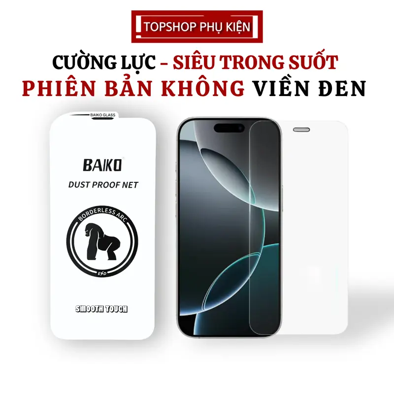 Kính Cường Lực iPhone Không viền Đen Kính Baiko Chính Hãng Cao Cấp , Kính Full màn - Bo Viền 3D Chống Mẻ Cạnh - Màng Loa Chắn Bụi - Full Lớp Nano 0