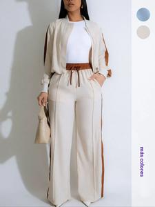 Conjunto de dos piezas para mujer con chaqueta con cierre y estampado de bloques de color y pantalones de pierna ancha, atuendos casuales para primavera y otoño, ropa de mujer para uso diario