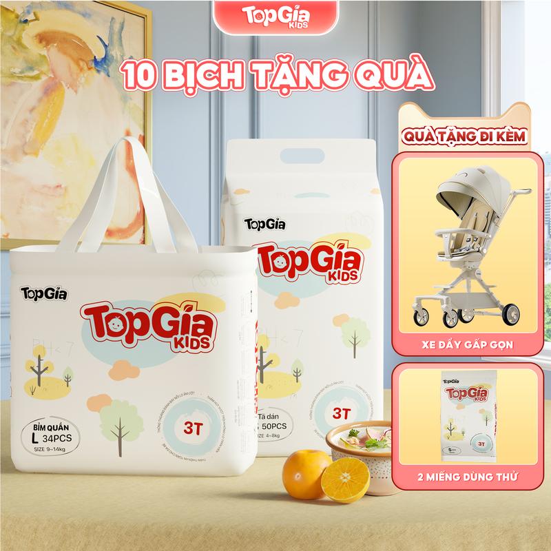 10 BỊCH (TẶNG XE ĐẨY GẤP GỌN + MIẾNG DÙNG THỬ) Tã/Bỉm cho bé TOPGIAKIDS, pH < 7 ngừa hăm, đai chun đệm mây mềm mại co dãn 4 chiều, thấm hút bề mặt khô thoáng size S đến XXXL cho bé từ 4-20kg (bỉm)