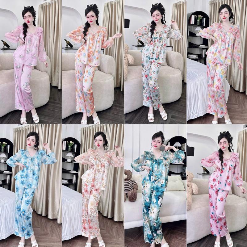 Đồ Bộ Tiểu Thư Kiểu Đẹp Thiết Kế Lụa Phối Voan Tơ Mềm Mại Cổ Tim Bèo Đính Nơ Tay Dài Quần Dài Có Size bigsize pijama nữ Loungewear đồ bộ lụa mặc nhà đồ bộ sang chảnh mẫu mới nhất shop đồ bộ nữ đẹp 2025 bộ bánh bèo sang chảnh đồ bộ xinh