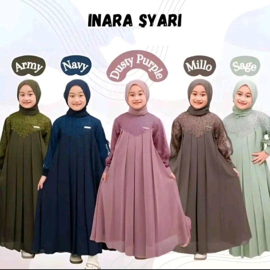 Gamis Anak Brukat Inara Kids Set Khimar Anak Perempuan Usia 5 sampai 13 tahun S.M.L.XL Baju Ceruty Mutiara Muslim Panjang Variasi Dress Tanggung