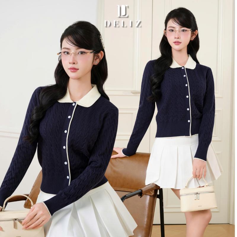 DELIZ PREMIUM - Áo cardigan len lông thỏ dệt kim xanh than tiểu thư basic màu thu đông CD850
