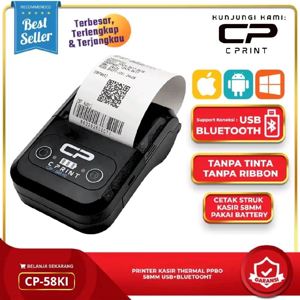 Printer Bluetooth Mini Portable Thermal CP-58KI untuk Cetak struk PPOB struk TokennListrik PulsaPertamini - Garansi 2 Tahun Label / Best seller printer thermal