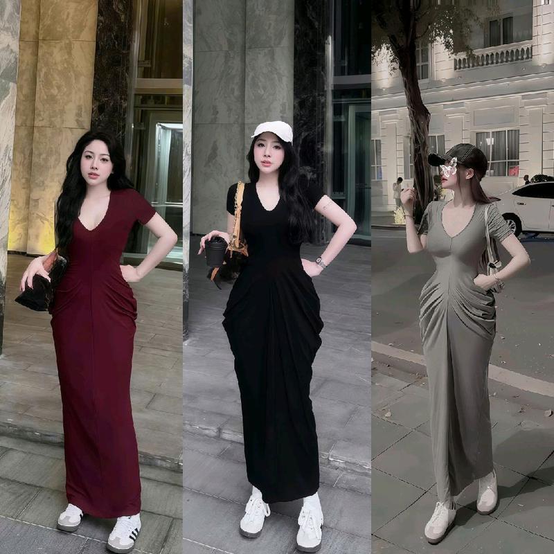 Đầm Body Dáng Dài Xẻ Tà Thun Ladong Cổ V Tay Ngắn Nhún Hông Xếp Ly Tự Nhiên Xinh Xắn Dễ Thương Đầm Đi Tiệc Duyên Dáng Thanh Lịch_Váy Tiệc Đầm Xinh Dự Tiệc Cưới Váy Body Váy Body Nữ Tôn Dáng