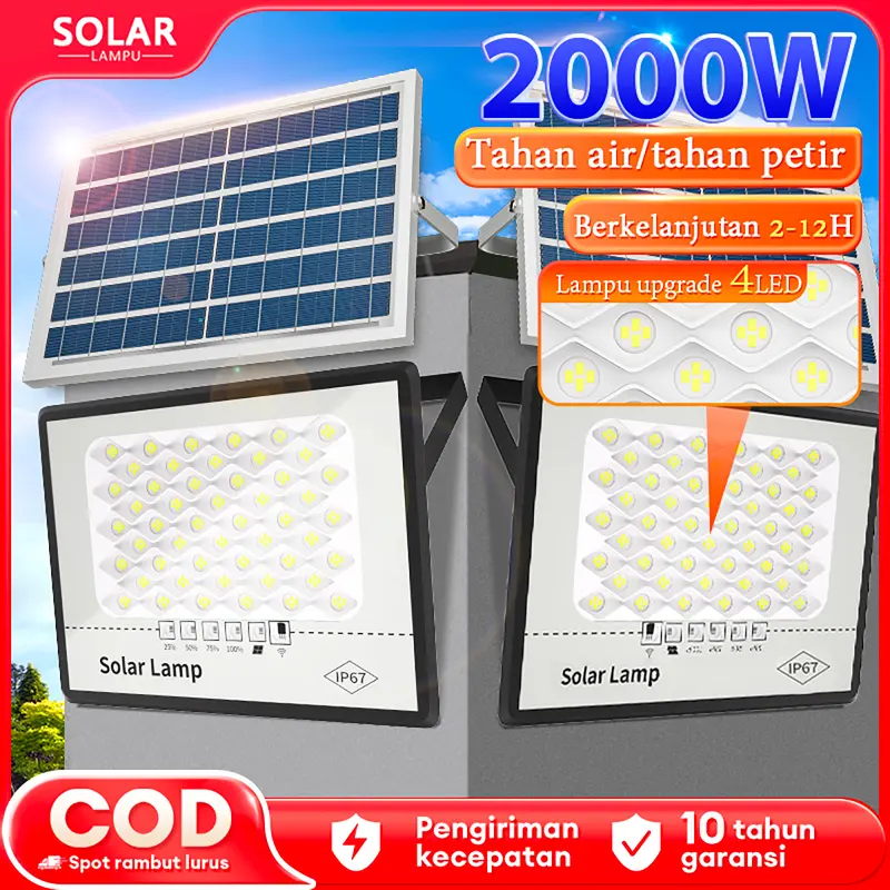 lampu tenaga surya otomatis 2000W  tahan air  dengan remote control Luar ruangan, dalam ruangan, kolam, jalan surya otomatis outdoor with Power Display Timing Function lampu solar cell Outdoor Lamp Waterproof Solar Light Kabel lampu taman tenaga surya 0