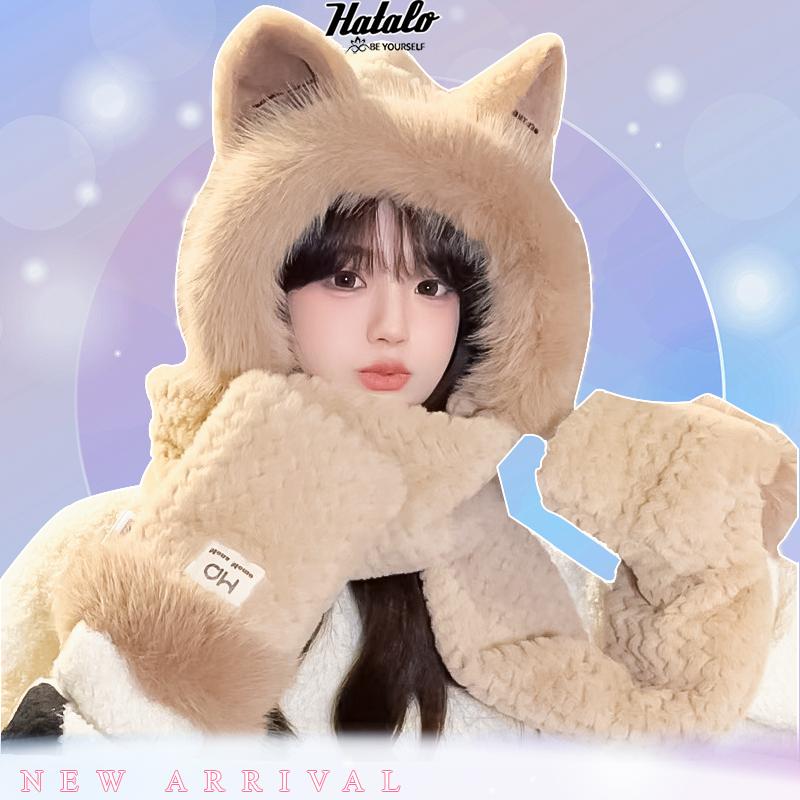  Mũ len nữ cute thời trang hàn quốc tai mèo trùm đầu mùa đông Nón len beanie liền khăn và bao tay dễ thương sang chảnh mũ  len 