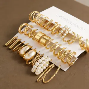 Anting Set Wanita 24 Set Kombinasi Panas Dijual Eropa Amerika Logam Bentuk C Kotak Geometri Mutiara Muslim Headscarf