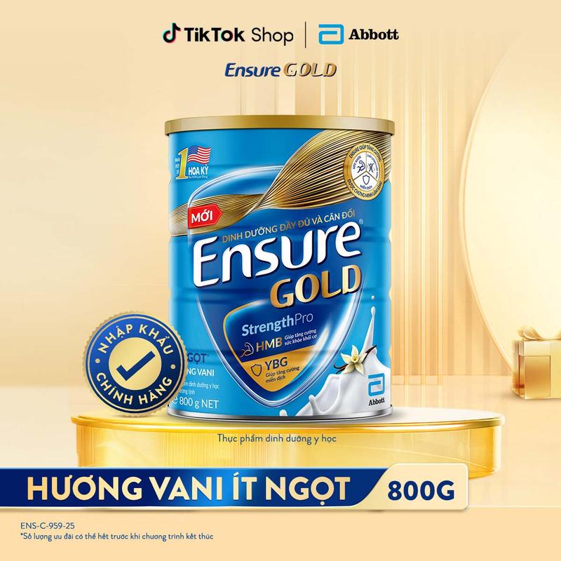  LON SỮA ENSURE GOLD MỚI CẢI TIẾN DẠNG BỘT HƯƠNG VANI ÍT NGỌT 800G 