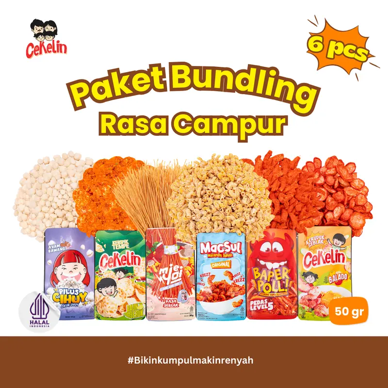 CEKELIN Cemilan Paket Bundling 6pcs Makaroni Mie Lidi Basreng Keripik Tempe Pilus Kerupuk Seblak  Snack Cemilan Murah Gratis Ongkir 5