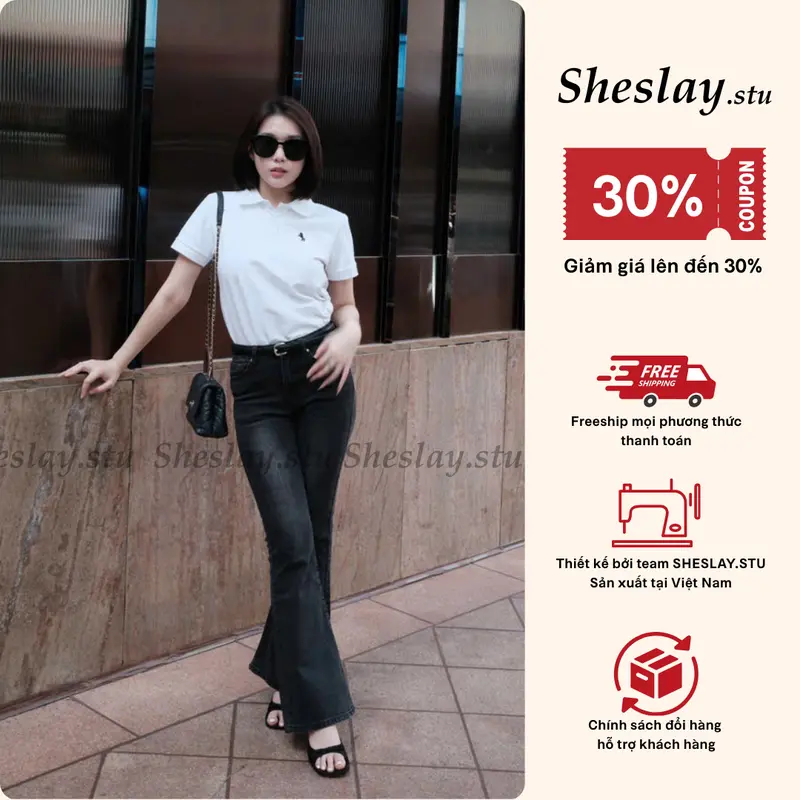 JEAN PANTS - Quần Jean Nữ Ống Loe Hack Dáng SHESLAY -Ôm Eo Hack Hông, Che Khuyết Điểm Siêu Tốt. Jean Co Giản Nhẹ Ôm Body 0