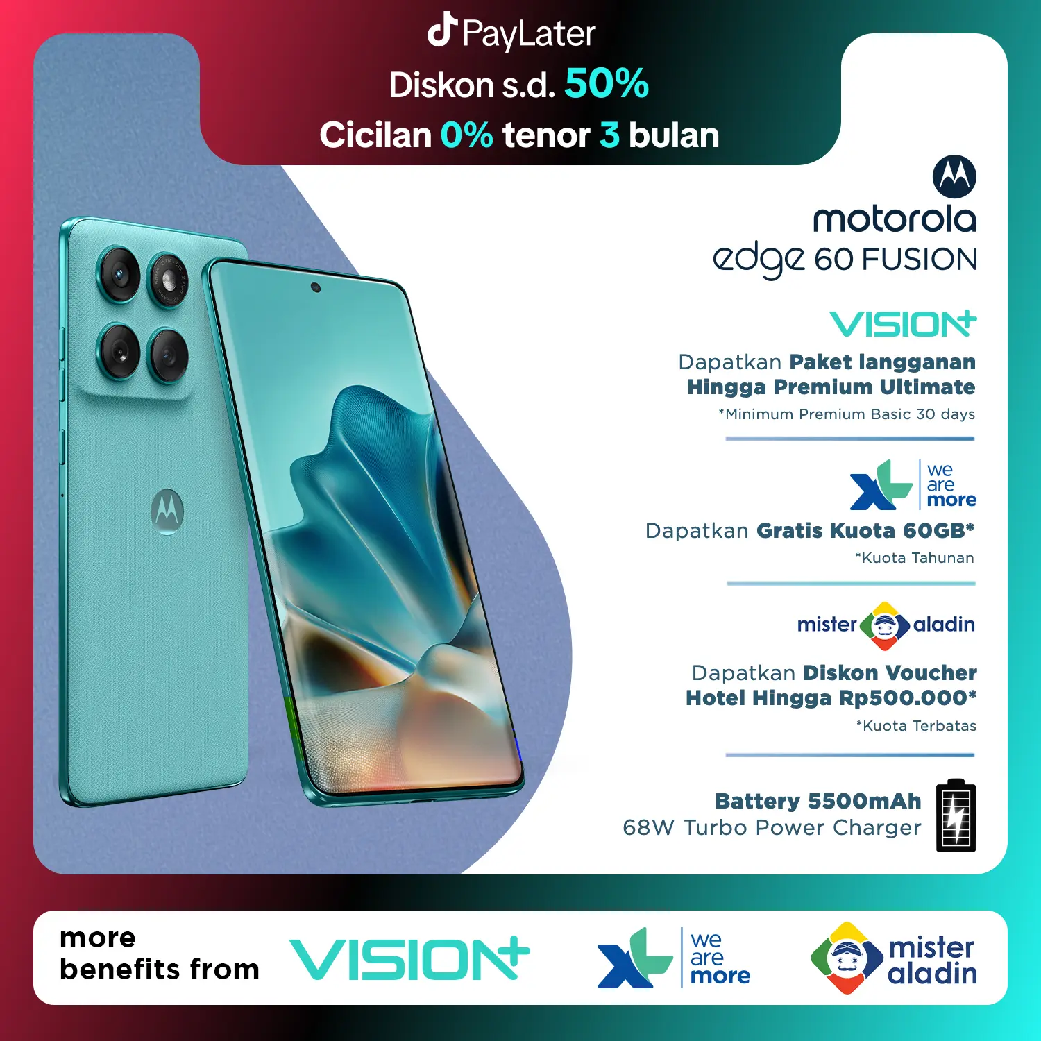 Motorola Edge 60 Fusion 5G 12/256GB - Moto AI - MTK Dimensity 7400 - 4500 nits - 6.7 inch 4D Curved Display - Gorilla Glass 7i - 120Hz - 50MP Main Camera Lytia 700C - 32MP Selfie - 5500mAh - NFC - Dolby Atmos Stereo - Bonus Charger 68W & Hard Case