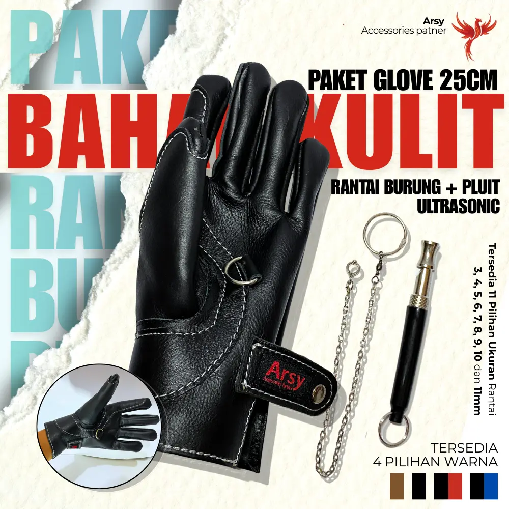 Paket Glove KULIT 25cm + Set Rantai Borgol + Peluit Ultrasonic / Rantai Burung Falk, Sun Conure