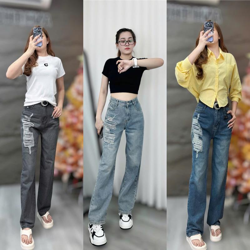 Quần Jeans Nữ Ống Suông Rách 1 Bên Túi Chất Quảng Women Ong Pants