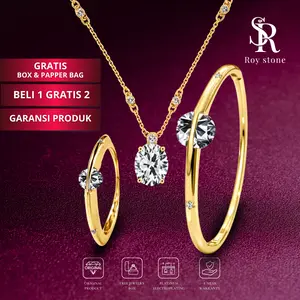 ROY STONE PROMO BUY1 GET2 Cincin Kalung Gelang Anting Perhiasan Satu Set Wanita Aksesoris SET ROSE GOLD 5CT Elegan Mewah Anti Karat Tahan Lama