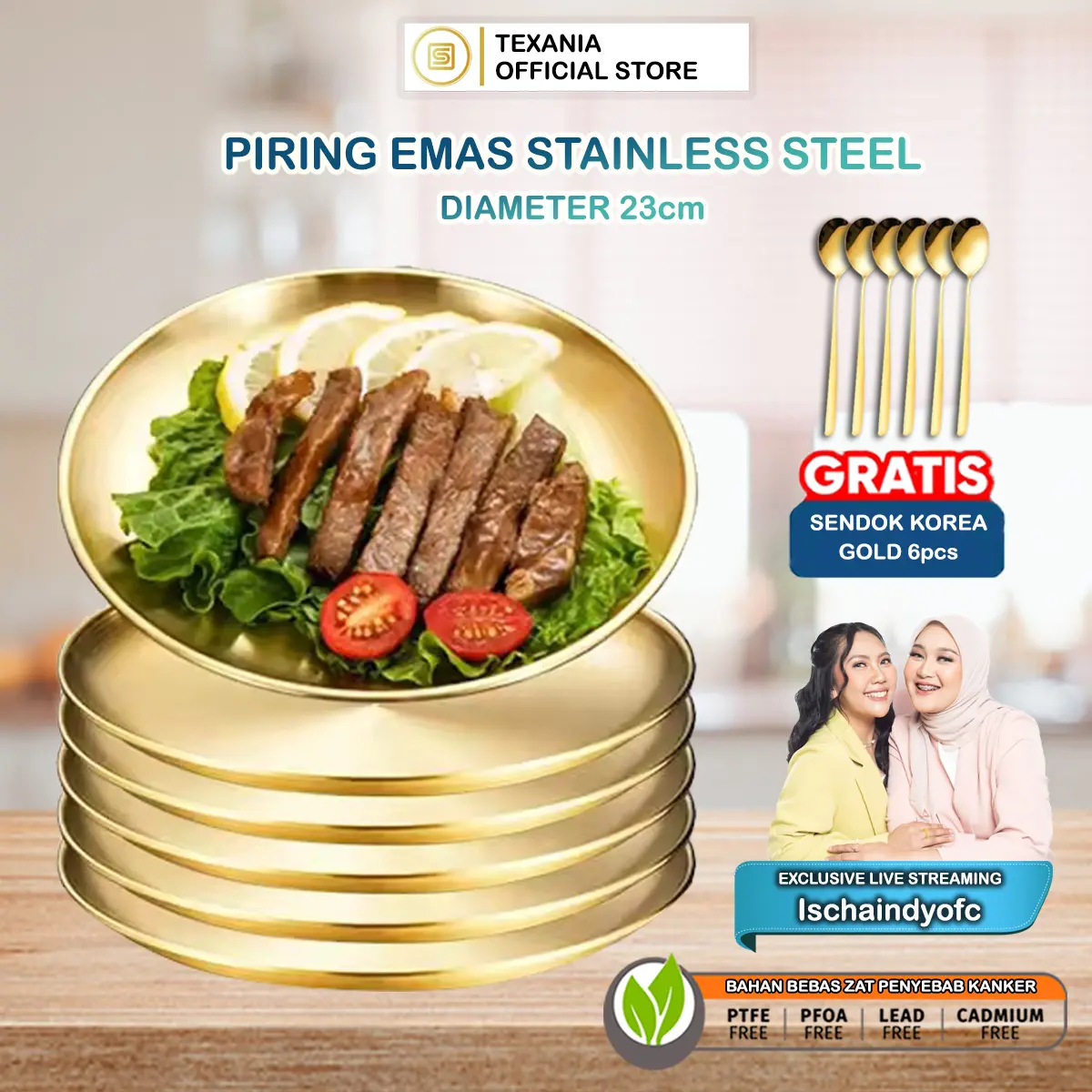 [EXCLUSIVE ISCHAINDYOFC] TEXANIA Set Piring Korea Emas Stainless Steel Design Mewah isi 6pcs Diameter 23cm Free Sendok Korea Gold 6pcs