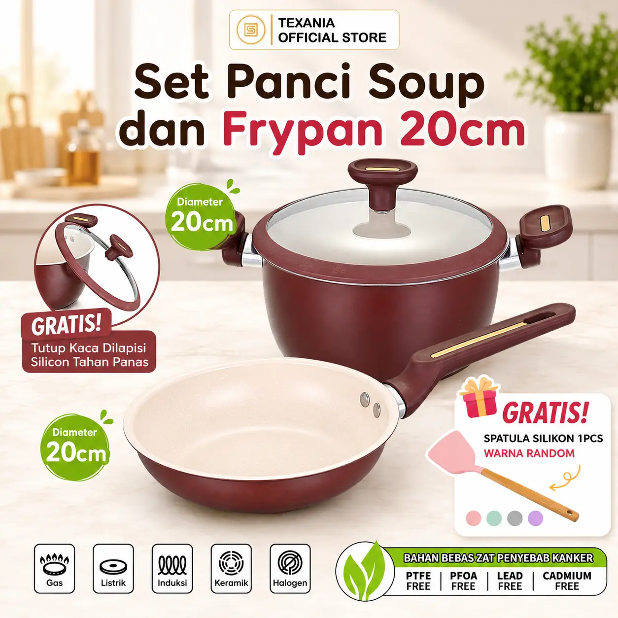 [EXCLUSIVE Yenny Di China PO 30 HARI] TEXANIA Set Panci Soup dan Frypan Maroon Anti Lengket 20cm Multifungsi Kualitas Foodgrade Kitchenware Mudah Dibersihkan